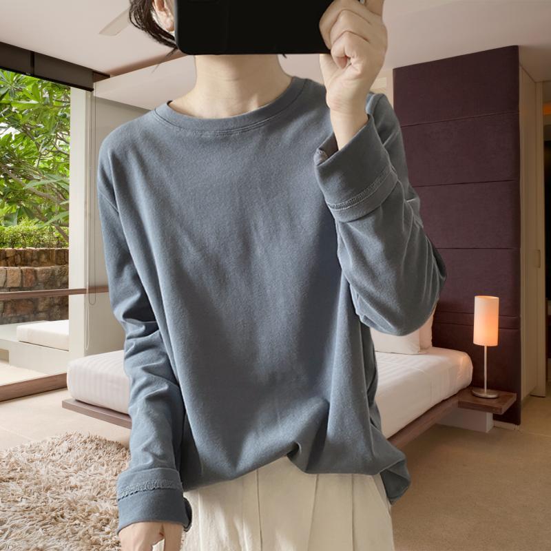 简约t恤女士秋冬新款圆领宽松显瘦韩版套头打底衫长袖内搭棉上衣