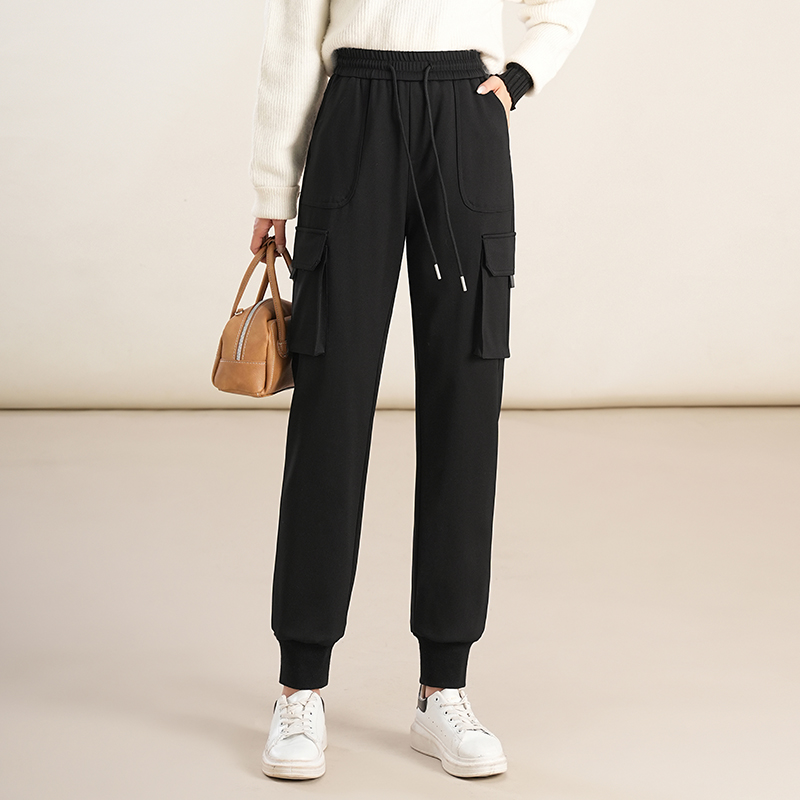 束脚工装裤女秋冬加绒小个子长裤2023新款松紧腰显瘦百搭休闲卫裤