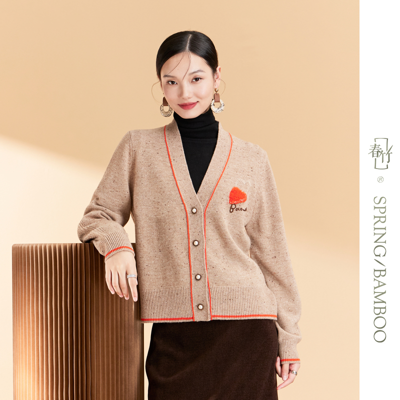 春竹2023秋冬新款圆领羊毛衫长袖开衫针织开衫女士保暖加厚短外套