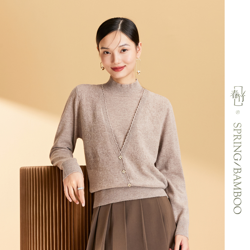 春竹2023年秋季新款绵羊毛宽松保暖假两件半高领软糯风女上衣毛衣
