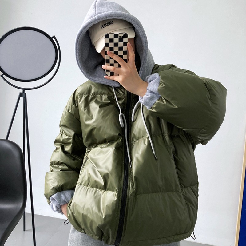 【90白鸭绒】假两件显瘦连帽羽绒服女短款2021新款小个子面包服潮流