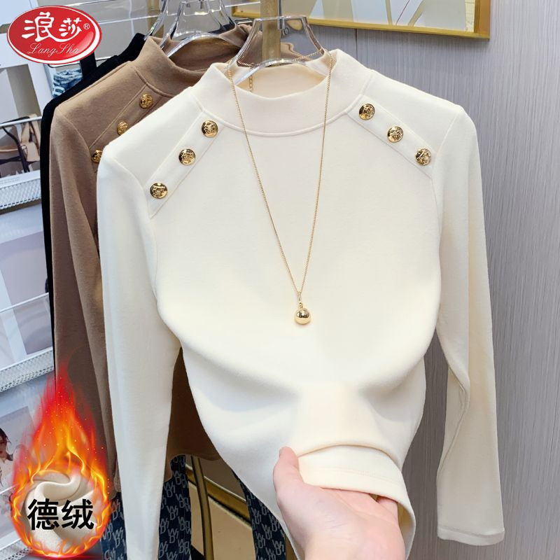 浪莎美拉德穿搭半高领上衣女长袖打底衫秋冬季新款高级感T恤