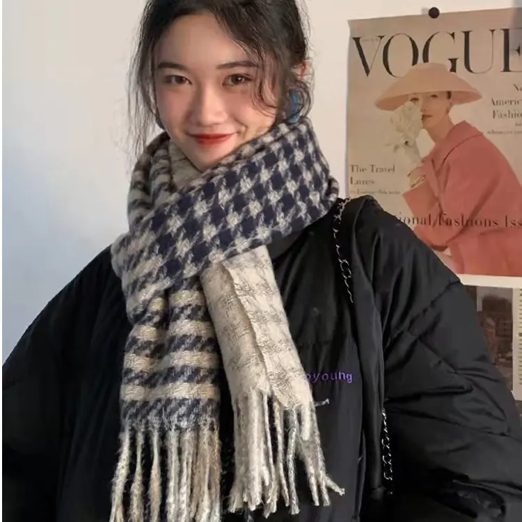 千鸟格子ins围巾女秋冬季2023送女友百搭学生情侣款保暖围脖男款