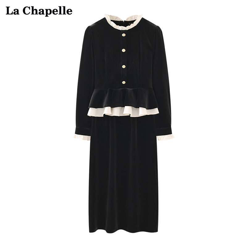 拉夏贝尔/La Chapelle法式撞色花边圆领丝绒小香风假两件连衣裙春