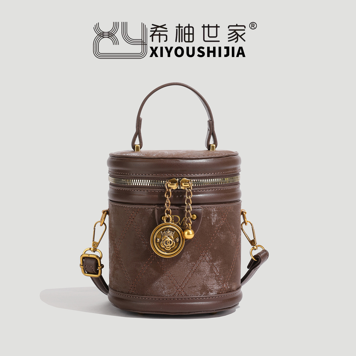 【莎莎专属】秋冬新款水桶包百搭复古单肩咖色斜挎包6650