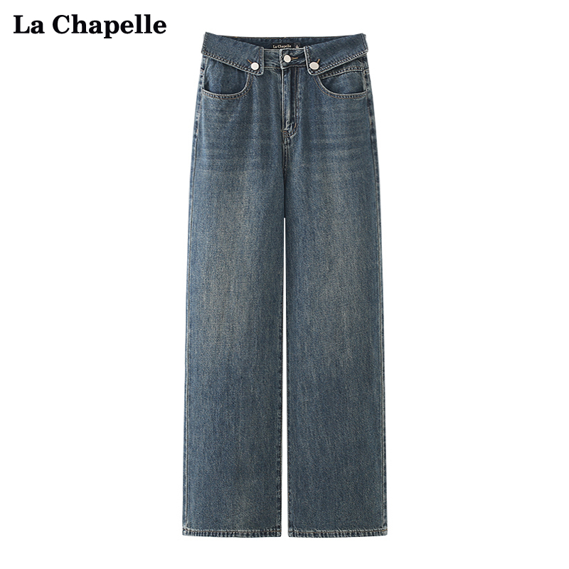 拉夏贝尔/La Chapelle美式复古腰头翻边牛仔阔腿裤女潮流显瘦长裤