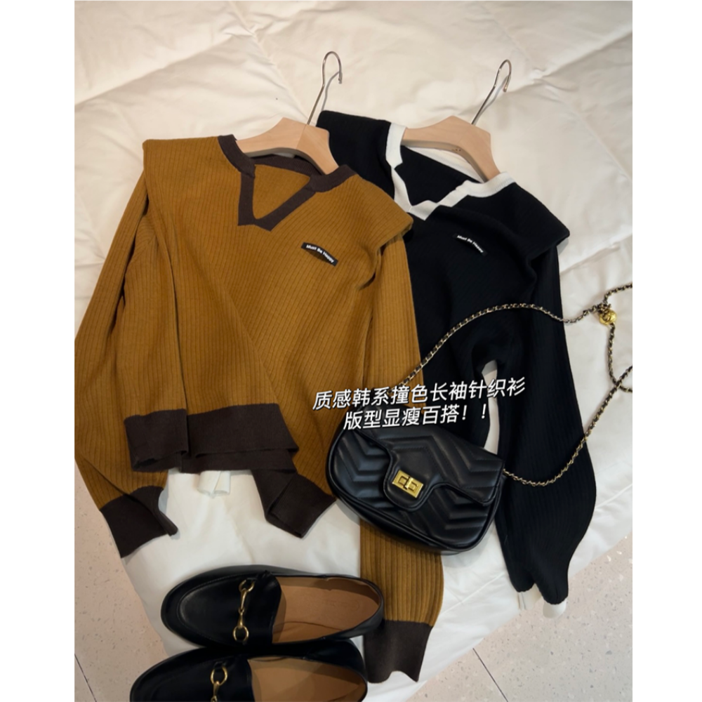 @显瘦显肩形美 亲肤柔软韩系撞色V领垫肩长袖针织衫 C0200