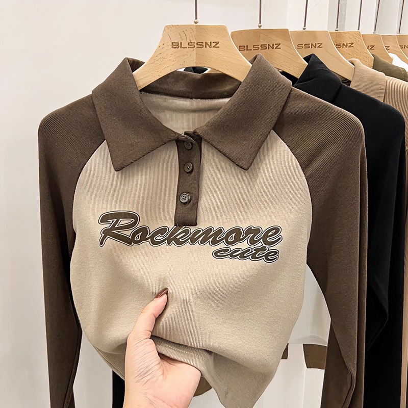 欧货螺纹长袖t恤女秋季新款撞色别致设计感短款上衣polo衫打底衫