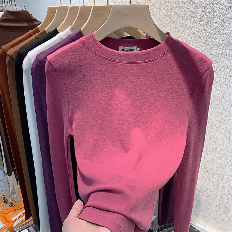 磨毛长袖t恤女2023秋冬新款加绒加厚半高领打底衫女内搭洋气上衣