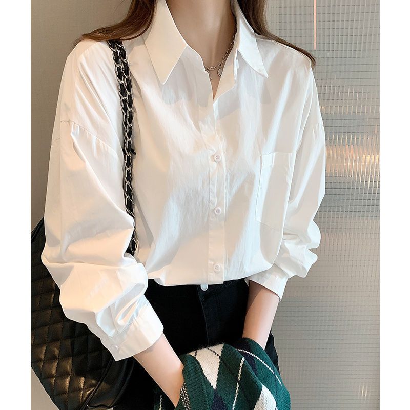 2023春秋高级感白色长袖衬衫女款外穿设计感学生内搭宽松款衬衣女