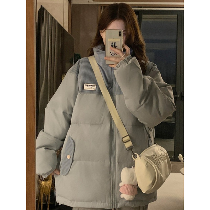 2023秋冬灯芯绒拼接宽松棉服外套大码女装微胖妹妹棉袄慵懒风棉衣