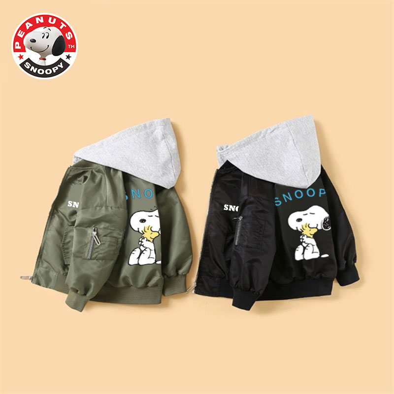 爆史努比冬季中棉服时尚休闲印花韩版外套假两件加绒棉服宝宝洋气