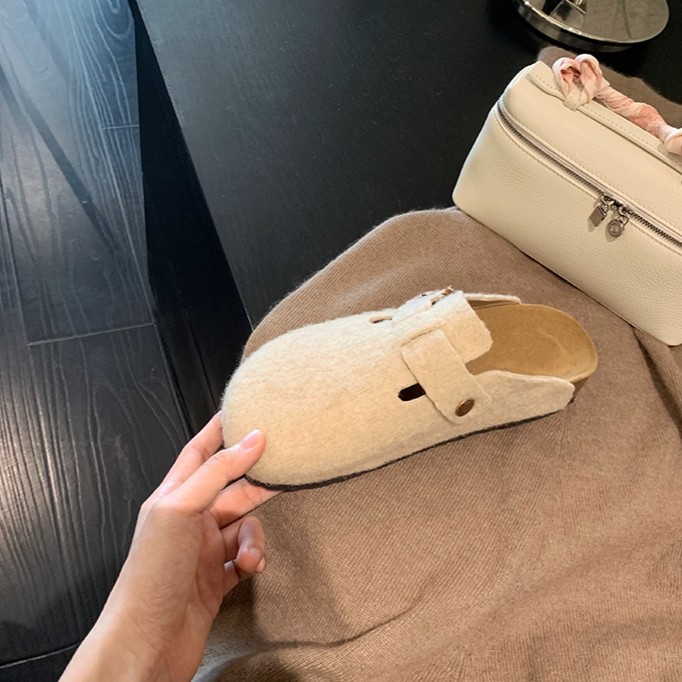 大叔女鞋家~软底毛毡平底大圆头毛毛单鞋勃肯包头半拖女外穿秋冬