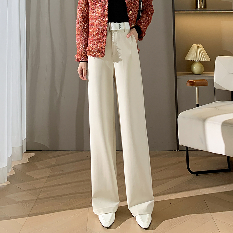 窄版阔腿裤女2023秋冬新款高腰显瘦直筒羊毛混纺垂感米白色西装裤