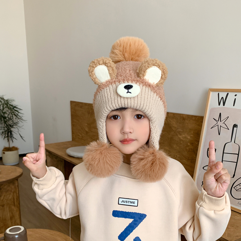 儿童帽子秋冬天男童三球护耳帽女孩毛线帽小熊中大童保暖针织帽潮