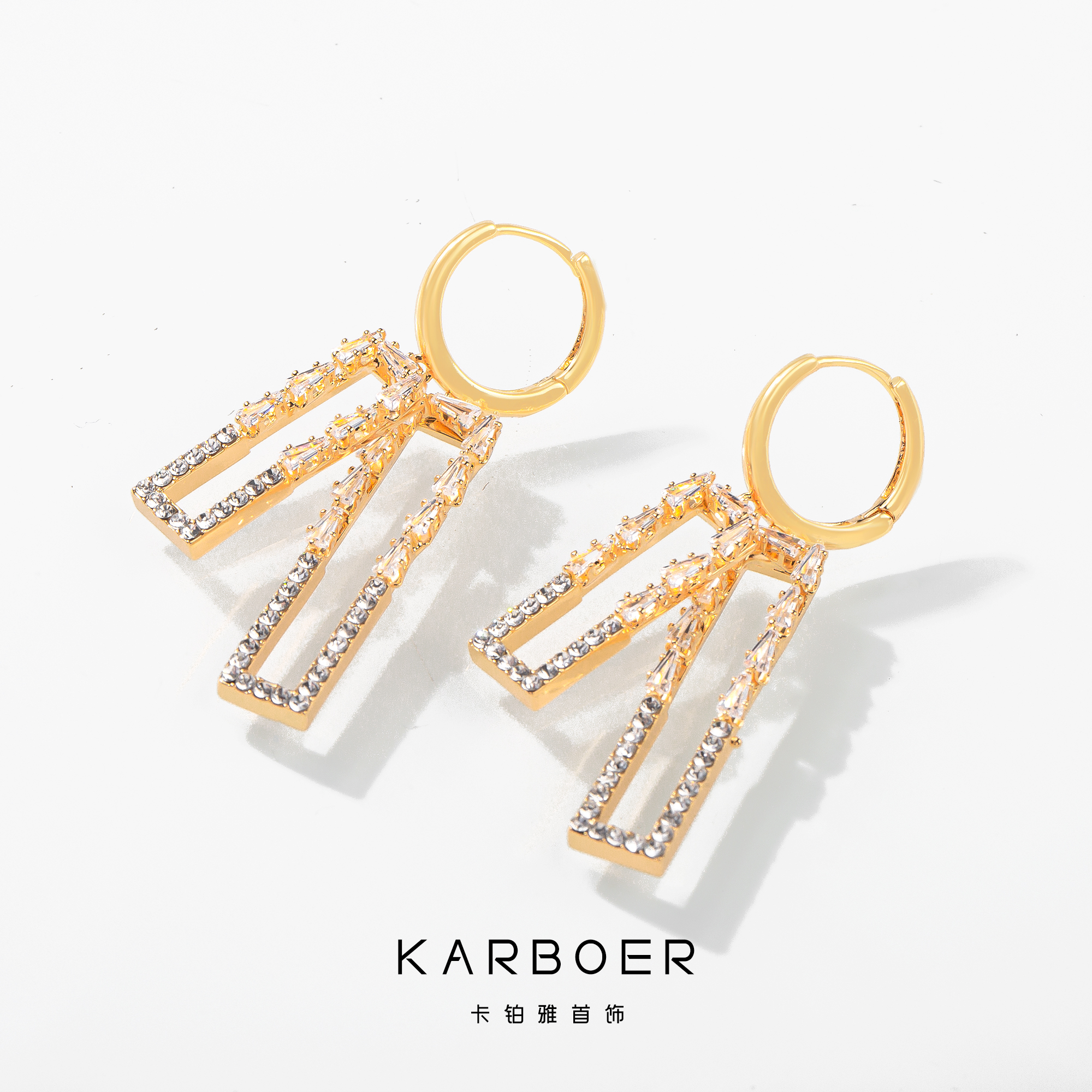 铜合金合成锆石耳饰 【金璨】个性几何方形五金女孩方块耳环~0994