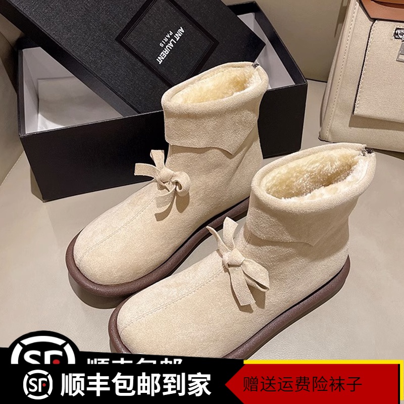 靴子女雪地靴加绒加厚保暖短筒棉靴秋冬新款蝴蝶结奶呼呼棉鞋