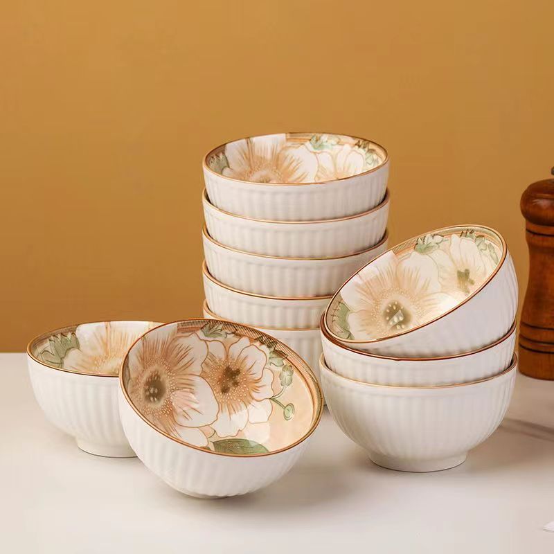 山茶花4.5英寸竖纹家用陶瓷釉下彩吃饭碗餐具汤碗米饭碗10个