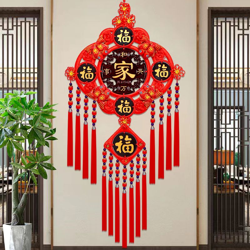 桃木中国结挂件客厅大号五福桃木电视墙过年乔迁玄关吉祥福字挂饰
