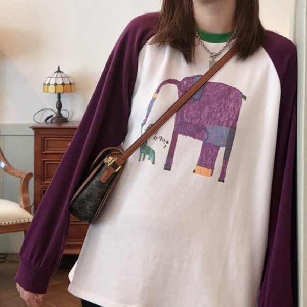 撞色秋冬韩版打底宽松时尚拼接拼色圆领小象印花休闲百搭长袖卫衣