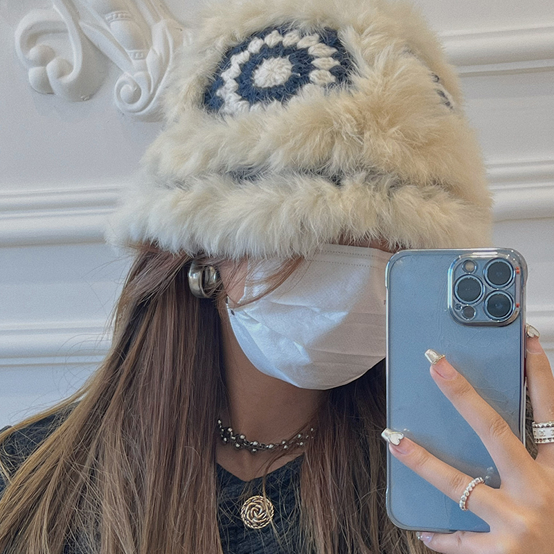 日系ins网红毛毛帽子毛绒防寒保暖针织帽女秋冬季百搭醒狮渔夫帽