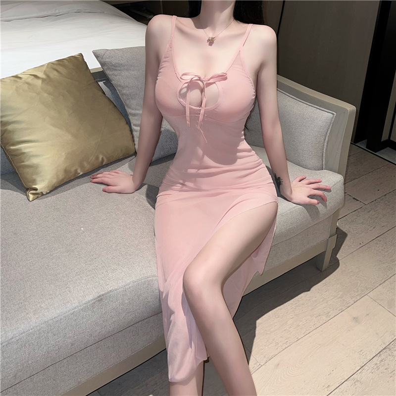 【不眠夜】约会装透明性感女装蕾丝修身v领网纱半透连衣裙长裙女