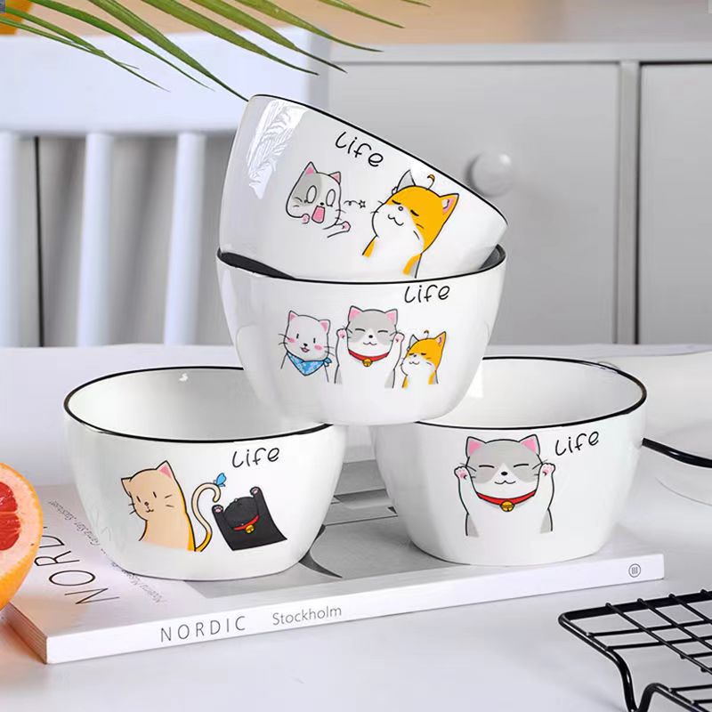 4.5英寸好多猫卡通方碗 四只装吃饭碗个性欧式家用米饭碗加厚防烫
