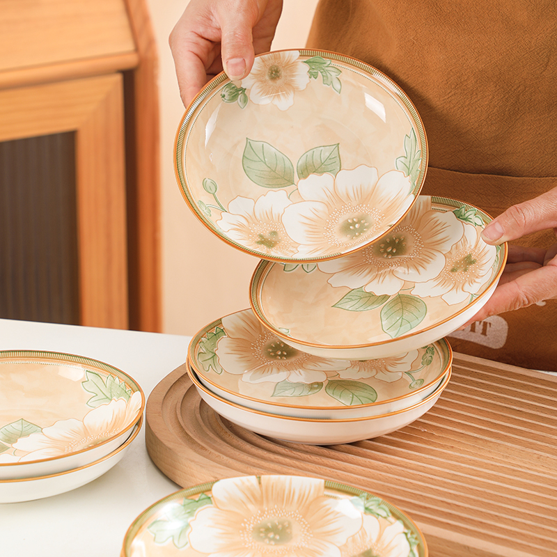 【破损包赔】6.5英寸圆盘山茶花盘子餐具高档家用盘家用餐盘A级团