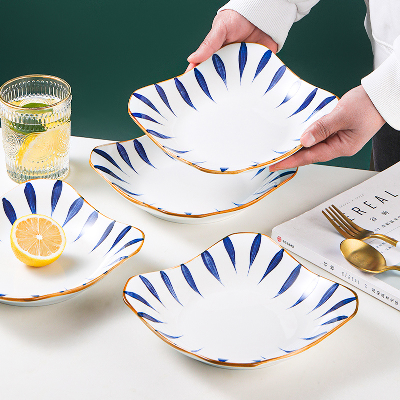 8.5英寸千叶如意方盘4只装手绘釉下彩工艺可进微波炉洗碗机消毒柜