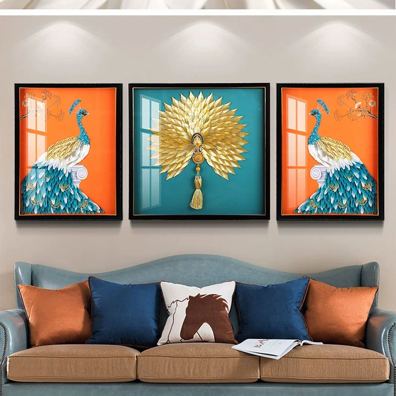 孔雀开屏现代轻奢客厅三联装饰画沙发背景墙手工实物镶嵌立体挂画