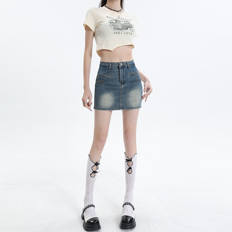 高腰辣妹牛仔半身裙女2024夏季新款显瘦小个子a字包臀裙复古短裙