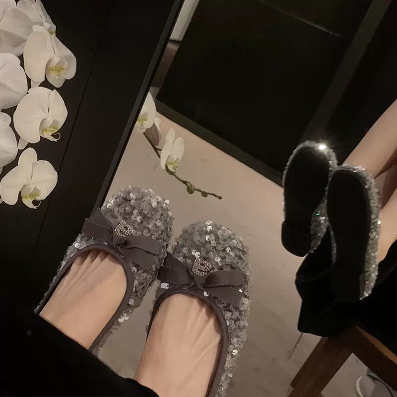 蝴蝶结闪闪珠片单鞋浅口芭蕾鞋子女平底2024早春新款法式气质粗跟