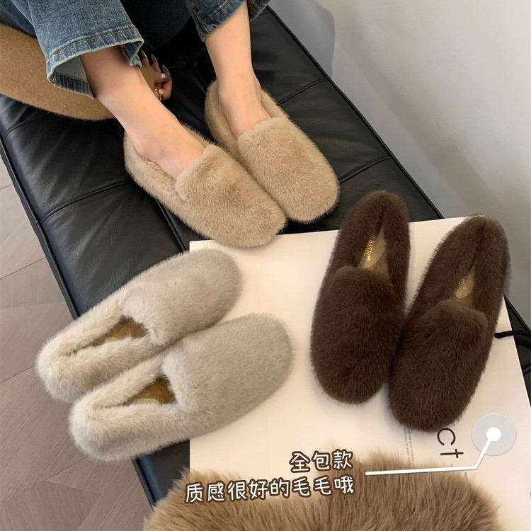 网红毛毛鞋女冬外穿时尚2023秋新款韩版一脚蹬豆豆鞋女加绒棉单鞋