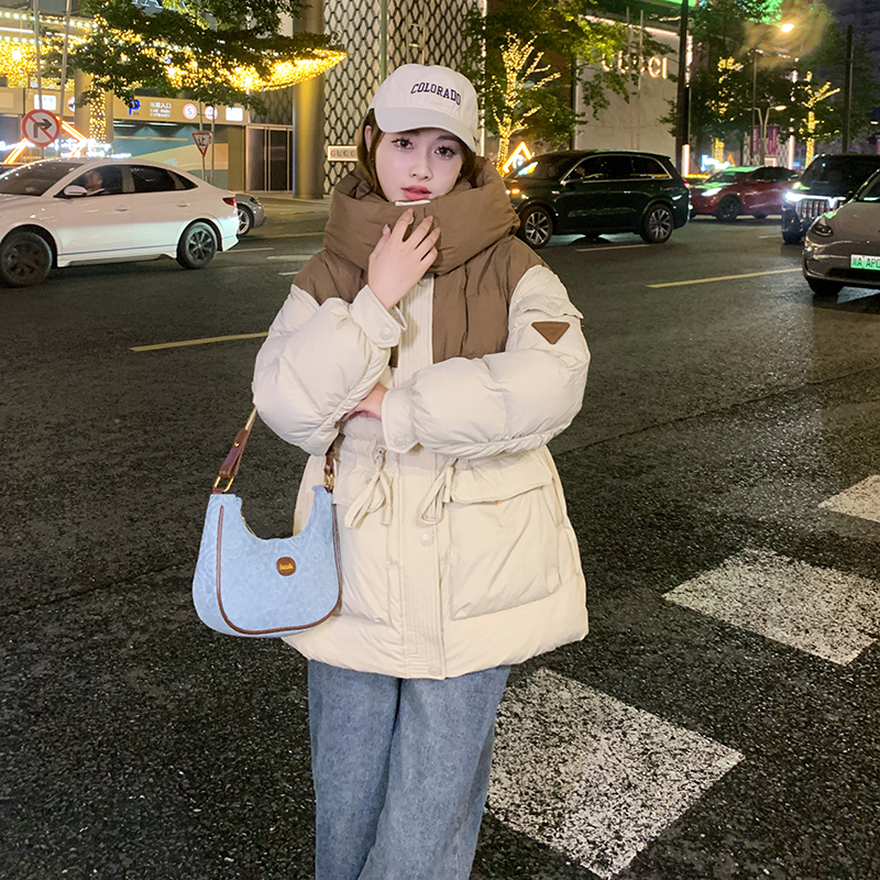 羽绒服女保暖中长款2023新款冬季时尚宽松撞色加厚面包服爆款外套