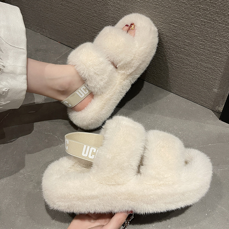 厚底毛毛鞋女士新款韩版俩穿松紧带毛毛鞋软底外穿双杠居家毛拖鞋