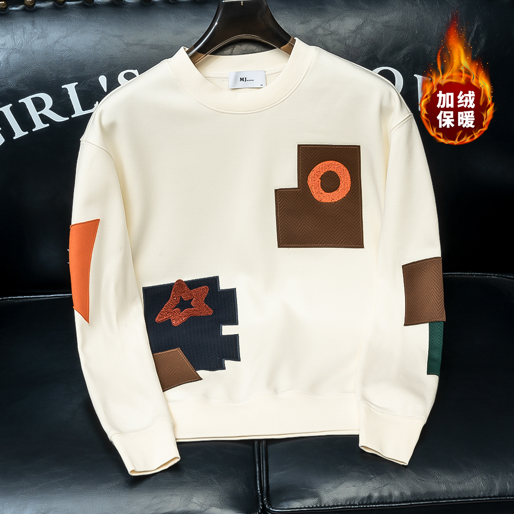 欧货新款秋冬潮流贴布休闲百搭保暖圆领套头卫衣时尚简约韩版上衣