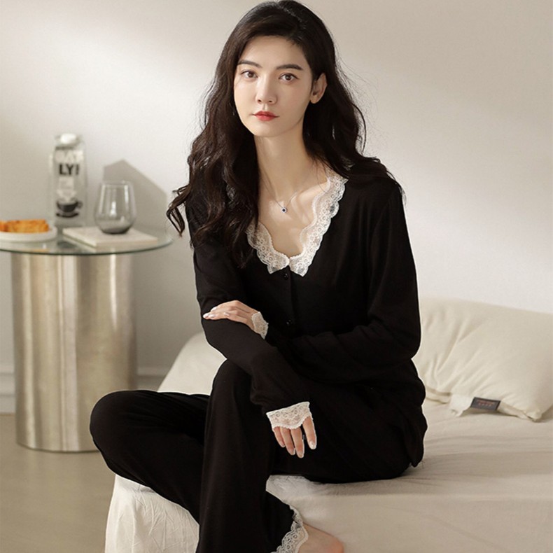 古今秋冬蕾丝薄款v领纯色宽松女士睡衣家居服套装