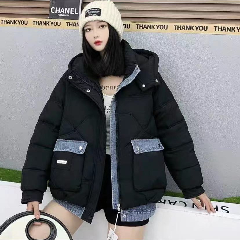 OR0096-黑色秋冬款休闲拼接牛仔羽绒服外套