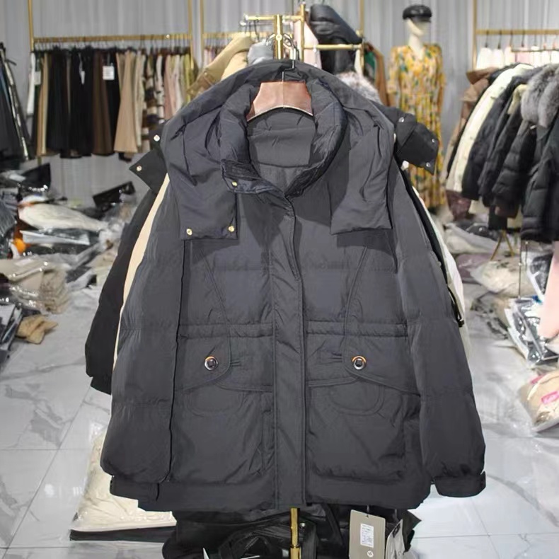 OR0034-黑色白色冬款时尚休闲减龄带帽中长款羽绒服外套
