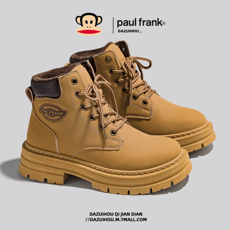 paul frank/大嘴猴女鞋2023秋冬厚底加绒马丁靴女款英伦风大黄靴