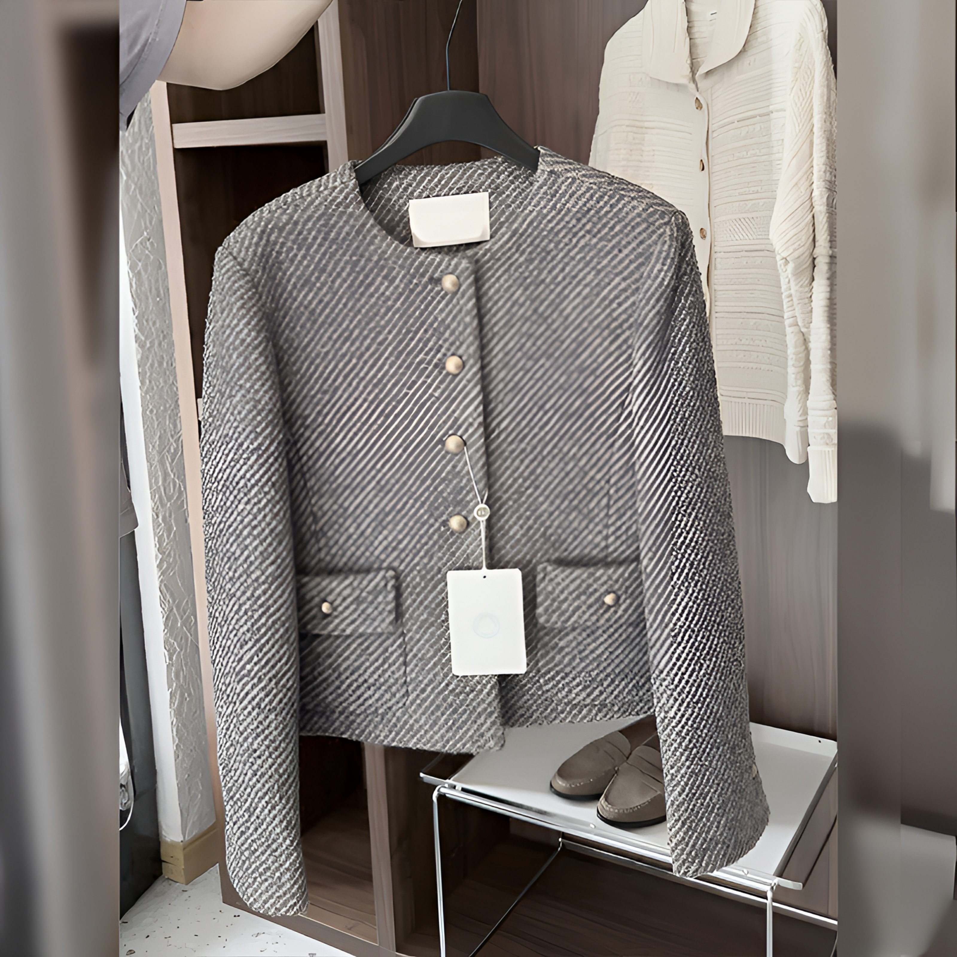 高端灰色洋气短款外套女秋冬2024新款小众设计感宽松休闲百搭上衣