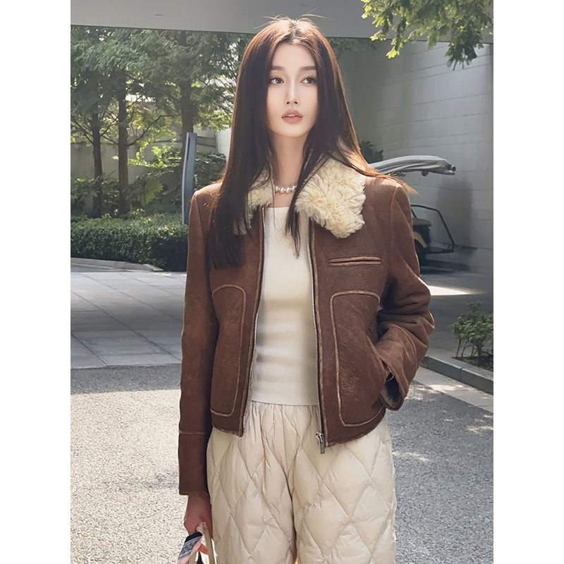 美式复古羊羔绒外套女冬季新款美拉德风棕色皮毛一体机车夹克上衣