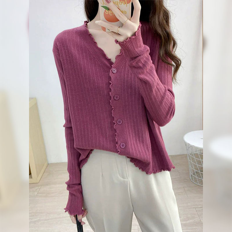 高级感超好看V领单排扣针织开衫长袖木耳边毛衣2023冬季新款女装