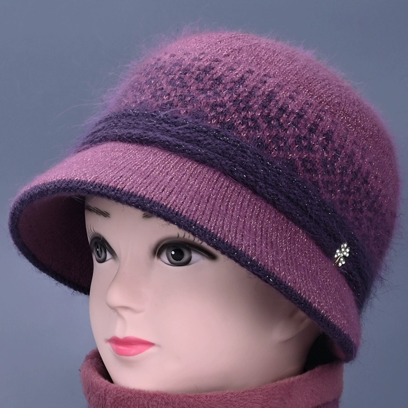 兔毛帽针织棉帽老太太冬季加绒加厚保暖帽盆帽中老年护耳帽毛线帽