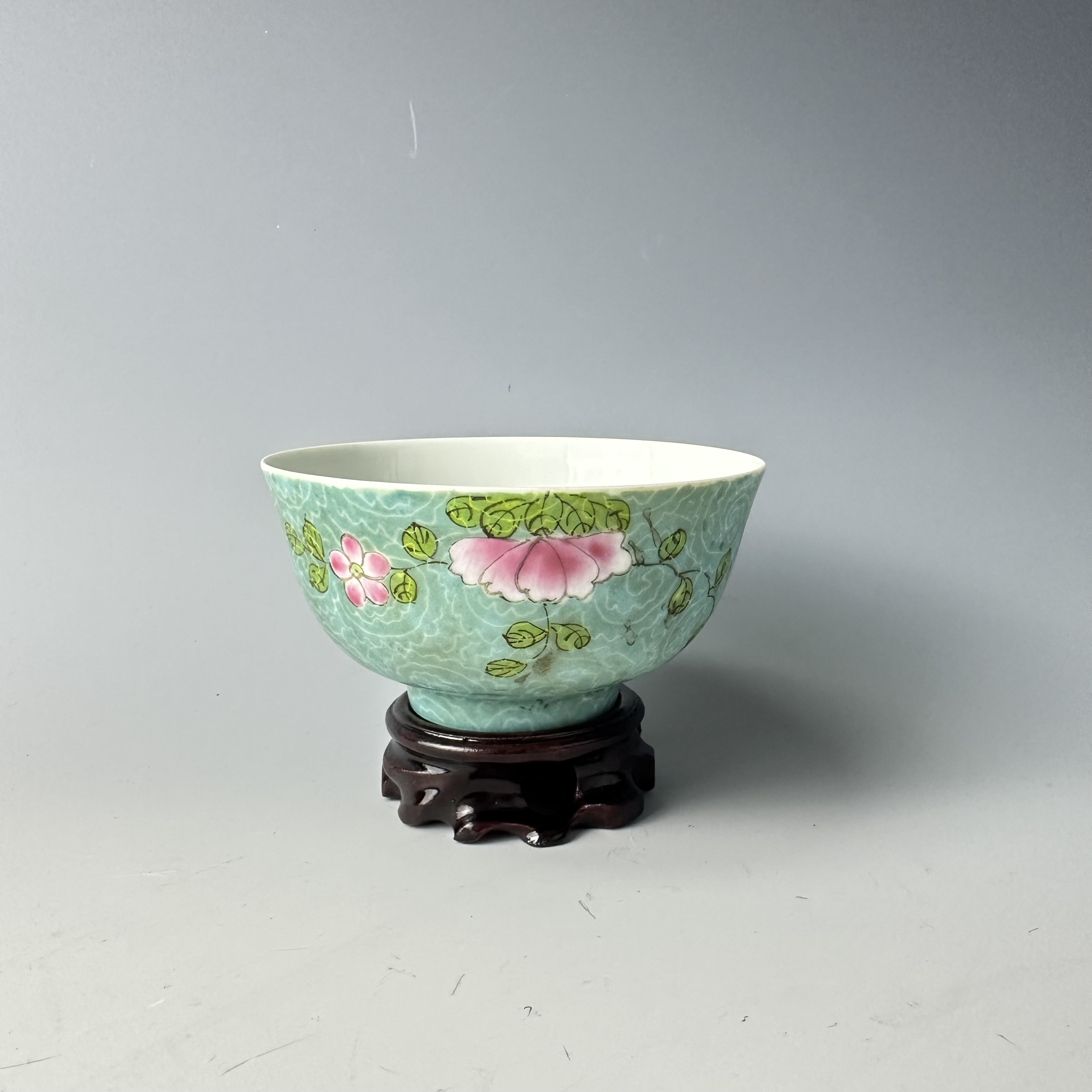 朝2/清光绪/松石釉轧道粉彩花卉碗/T1027017/全品/美82/朝阳文物