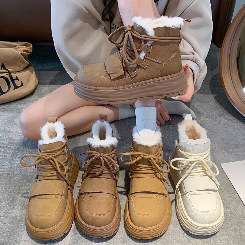 时尚百搭厚底加厚加绒短筒保暖系带魔术贴机车雪地棉靴Y 1027