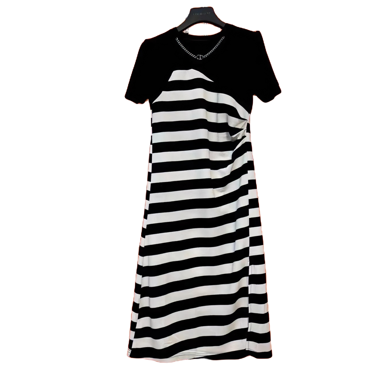 夏季新款条纹拼接假两件休闲时尚百搭欧货圆领短袖连衣裙子撞色