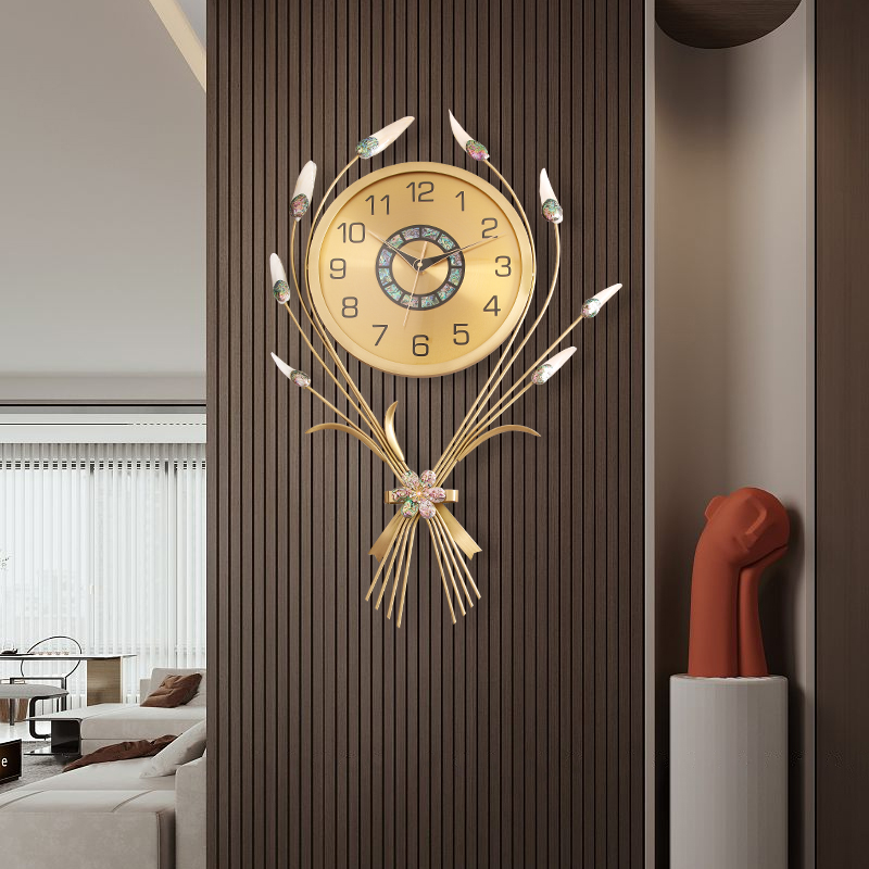 轻奢黄铜挂钟客厅家用时尚创意装饰静音钟表简约餐厅高档贝壳挂表