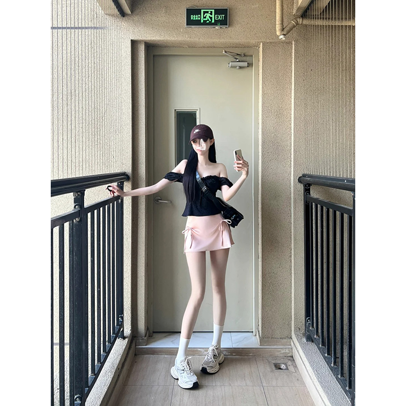 2024夏季新款法式黑色蕾丝边短袖上衣女性感辣妹高腰蝴蝶结半身裙