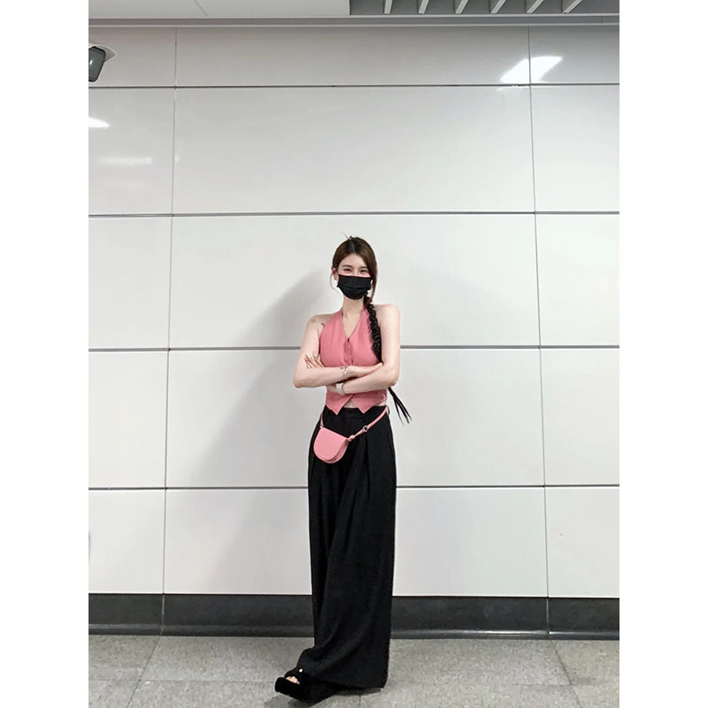 夏日设计感小众条纹挂脖背心无袖上衣2024夏日高腰直筒松弛感长裤